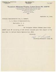 ["The document is a letter from the Telegraph Workers Federal Labor Union #22679 Local #7 to Oklahoma Representative Geo. B. Schwabe requesting his support for the Rees Bill for Retired Postal Employees H.R. 2948. The document is signed by Paul M. Seward, Secretary - Treasurer of Local #7."]
