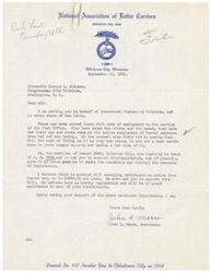 ["The National Association of Carriers, Branch #458, is writing to Congressman George B. Schwabe on behalf of retired postmen in Oklahoma and across the country. They are struggling financially and are in favor of H.R. 2948 and another bill exempting retirement annuities from income tax. They ask for the congressman's support in passing these bills."]