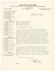 ["The document is a list of officers and directors of the Oklahoma Chapter of the National Association of Postmasters of the United States, as well as district presidents and national directors. A letter is addressed to Congressman George B. Schwabe expressing gratitude for his support of postal legislation and offering assistance in return."]