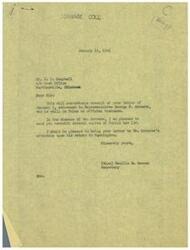 ["The document includes a series of letters exchanged between Mr. J. P. Campbell and Representative George B. Schwabe, discussing their sons serving in the military during World War II. They discuss their sons' experiences, health, and well-being, as well as a new salary law for postal workers. They express gratitude for each other's correspondence and offer support and well wishes for their families."]