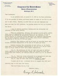 ["George B. Schwabe, a congressman from Oklahoma, informs the postmaster that a bill providing additional compensation for postmasters and postal service employees has been passed in the House. He includes the details of the bill in the letter and expresses hope that it will pass the Senate."]