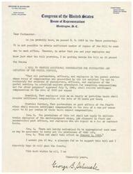 ["Congressman George B. Schwabe from Oklahoma informs the Postmaster about the passing of H. R. 5059 in the House, which provides additional compensation for postmasters and employees of the postal service. He includes the details of the bill and expresses his support for it, hoping that it will pass the Senate as well."]