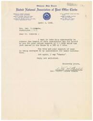 ["The document is a letter from the United National Association of Post Office Clerks, Oklahoma State Branch, expressing gratitude to Honorable  Geo. B. Schwabe for his support of H.R.5059, which passed in the House by a wide margin. The document conveys thanks on behalf of the Association and mentions that the vote and support will be shared with the members."]