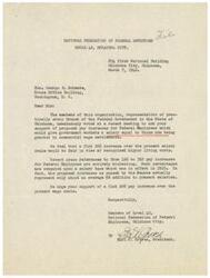 ["Members of the National Federation of Federal Employees Local 42 in Oklahoma City are requesting the support of Honorable  George B. Schwabe for proposed pay increases for Federal Employees in order to bring their salaries in line with those in commercial wage settlements. They are advocating for a flat 20% increase over the current salary scale to address higher living costs. They believe recent reports of larger pay increases for Federal Employees are misleading and actually represent only about an average 8% addition to present salaries."]