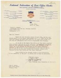 ["The document is a letter from John P. Barton, the President of the National Federation of Post Office Clerks, to Congressman George B. Schwabe thanking him for his support of a salary readjustment bill. Barton requests Schwabe's continued assistance in getting the bill reported out favorably by the Senate Committee. The document also mentions an upcoming state convention in Ponca City in May 1946."]
