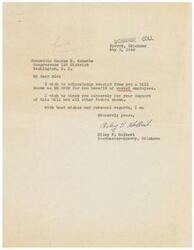 ["The document is a thank you letter from Riley J. Holbert, the Postmaster of Sperry, Oklahoma, to Congressman George B. Schwabe for his support of a bill benefiting postal employees. Holbert expresses gratitude for Schwabe's assistance and sends best wishes and personal regards."]