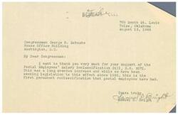 ["The document is from Samuel N. Bright, thanking Congressman George B. Schwabe for his support of the Postal Employees' Salary Reclassification Bill, H.R. 2071. Bright mentions that this increase was long overdue and the first permanent reclassification for postal employees since 1925."]