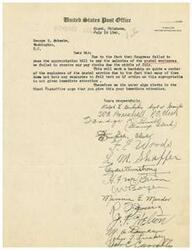 ["The document is from postal employees in Miami, Oklahoma to George B. Schwabe in Washington, D.C. They are requesting immediate attention to the issue of their paychecks being delayed due to Congress failing to pass an appropriation bill. The employees express concern about the hardship this will cause as many of them do not have resources to fall back on. They urge Schwabe to address the situation promptly."]