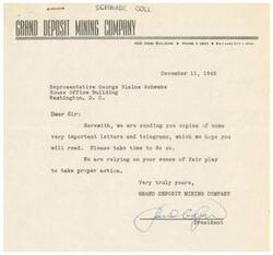 ["The Grand Deposit Mining Company is sending important letters and telegrams to Representative George Blaine Schwabe in Washington, D.C., urging him to take action against the dishonest practices of the C.P.A. in cutting metal premiums. The company argues that the actions of the C.P.A. are hurting smaller mining companies and threatening the mining industry as a whole. They request immediate relief to prevent mines from closing down and emphasize the importance of the mining industry to the economy. They also provide evidence of their grievances and urge prompt attention to the issue."]