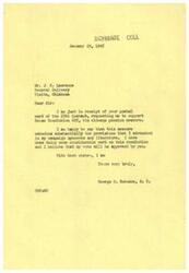 ["The document is a letter from George B. Schwabe to J. B. Lawrence in response to a request to support House Resolution 605, the old-age pension measure. Schwabe indicates that he supports the measure as it aligns with his campaign promises and work on the resolution. He expresses confidence that his vote will be approved by Lawrence."]