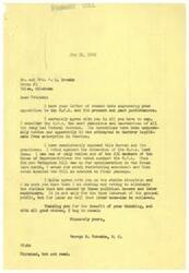 ["The document is from George B. Schwabe, a member of the House of Representatives, to Mr. and Mrs. A. C. Brooks in Tulsa, Oklahoma. Schwabe expresses his agreement with the Brooks' opposition to the O.P.A. and highlights his own voting record against the extension of the O.P.A. He also mentions his efforts to eliminate strikes caused by political bosses and labor racketeers. Schwabe thanks the Brooks for their input and expresses his support for their views."]