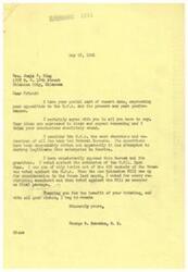 ["Mrs. Julia A. King writes to Congressman George B. Schwabe expressing her opposition to the O.P.A. and commending his efforts to limit its powers. Congressman Schwabe agrees with her views and explains his consistent opposition to the O.P.A., including voting against its extension and supporting restricting amendments. Both parties share a dislike for the O.P.A. and hope for its elimination."]