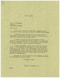 ["The document dated May 27, 1946 written by George B. Schwabe to H.C. Holderman expresses agreement with Holderman's opposition to the O.P.A. Schwabe criticizes the O.P.A. for its practices and attempts to destroy free enterprise in America. Schwabe mentions his voting record against the O.P.A. extension and amendments to restrict its powers. Holderman's letter to Schwabe dated April 22, 1946 suggests adding a clause to the O.P.A. act to prevent landlords from raising rents excessively."]