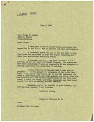 ["The document is from George B. Schwabe, a member of the House of Representatives, responding to Mrs. Thomas S. Gamble's opposition to the O.P.A. He agrees with her views on the Bureau and its negative impact on free enterprise in America. Schwabe has consistently opposed the O.P.A. and voted against its extension, as well as voted for restricting amendments to the Extension Bill. He thanks Mrs. Gamble for her thoughts and expresses his support for preserving the American way of life."]