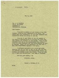 ["The document is from Mr. J.W. Proffitt to Representative George B. Schwabe urging him to curtail the powers of the Office of Price Administration (O.P.A) and ultimately abolish the bureau. Proffitt expresses his strong opposition to the O.P.A and believes that its abolishment will lead to increased production of consumer goods and greater prosperity. Representative Schwabe responds, stating that he has consistently voted against the O.P.A and agrees with Proffitt's views."]