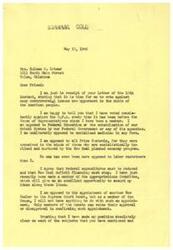 ["Mrs. Salome C. Litmer writes to Honorable  George B. Schwabe urging him to vote against various controversial issues including the O.P.A., Federal Education, socialized medicine, price controls, labor racketeers, federal expenditures, and the appointment of another New Dealer to the Supreme Court bench. Schwabe responds, stating his opposition to these issues and expressing his commitment to vote against them. He also mentions his recent appointment to the Appropriations Committee, which will allow him to assert his ideas on reducing federal expenditures. He clarifies that as a member of the House, he does not have a say in the appointment of Supreme Court justices, as that is the role of the Senate. Schwabe assures Litmer that he will work towards opposing these issues to the best of his ability in his position as a member of the House of Representatives."]