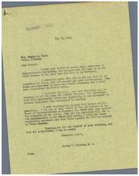 ["Mrs. Welch wrote to Representative Wickersham expressing her support for limiting O.P.A. supervision to rent control for one year. Representative Schwabe agrees with her views on the O.P.A., considering it to be a harmful federal bureau that undermines free enterprise. He has consistently opposed the O.P.A. in Congress and voted against its extension. Schwabe thanks Mrs. Welch for her input and support."]