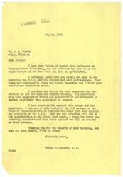 ["The document is from George B. Schwabe, a member of the House of Representatives, responding to a letter from a constituent, J. L. Durbin, expressing opposition to the O.P.A. (Office of Price Administration). Schwabe agrees with Durbin's criticisms of the O.P.A. and states that he has consistently opposed the Bureau and its practices. He mentions that he was one of only twelve members of the House of Representatives who voted against the extension of the O.P.A. He also mentions that he supports limiting O.P.A. supervision to rents only for one year."]