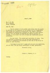["The document is a letter from George B. Schwabe, M. C. to Mr. H. W. Eby in response to Eby's concerns about bureaus, bureaucrats, O.P.A. controls, labor unions, and deficit spending. Schwabe agrees with Eby's sentiments and expresses his intention to vote accordingly. The document also includes a list of demands from a \"People's Penny Protest\" for the release from bureaucratic control, elimination of O.P.A. controls, fairness in labor union laws, balanced budget, and protection of savings."]