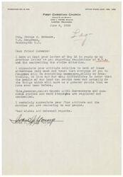 ["The document is from Ivan J. Young, a pastor at the First Christian Church in Lawton, Oklahoma, to United States Congressman George B. Schwabe, discussing the need for regulations on the Office of Price Administration and controlling the strike situation. Young expresses appreciation for Schwabe's attitude and service to the people, and emphasizes the importance of resolving difficulties in order for the country to progress."]