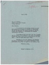 ["The document is a letter from George B. Schwabe, a member of the House of Representatives, responding to a request from Miller & Son Motor Company to discontinue price control on used cars. Schwabe mentions that he has previously voted against the continuation of the OPA and will continue to do so. He thanks the company for their message and assures them of his steadfastness in addressing the issue."]