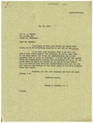 ["The document is from George B. Schwabe, a member of Congress, responding to a letter from Mr. W. A. Harris urging him to get rid of the O.P.A. Schwabe states that he has voted against the extension of O.P.A. and for restrictions limiting its provisions, but he is not confident that the Administration will allow the bill to pass with these restrictions. Schwabe thanks Harris for his interest and support."]
