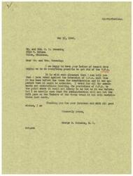 ["The document is written by George B. Schwabe, a member of Congress, in response to a letter from Mr. and Mrs. C. C. Browning urging him to get rid of the O.P.A. Schwabe states that he has voted against the extension of O.P.A. and for amendments and restrictions to limit its provisions. He believes the Administration will not let the bill pass with restrictions. Mrs. Browning expresses her opposition to O.P.A. as it has negatively affected their rental property."]