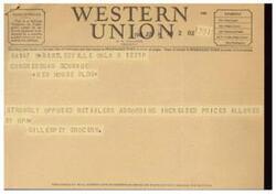 ["This text provides information on different symbols used in telegrams and cables, such as DL for Day Letter and NL for Night Letter. It also includes the standard time for filing and receiving messages. The message itself is from a company strongly opposed to retailers passing on price increases allowed by OPA. The company also welcomes suggestions from its patrons regarding its service."]