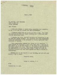 ["The document is a letter from George B. Schwabe, a member of the House of Representatives, to Mr. and Mrs. Fred Thelonius, expressing agreement with their opposition to the Office of Price Administration (O.P.A.) and detailing his own voting record against the extension of the O.P.A. Schwabe also received similar letters from Mr. and Mrs. Thelonius, expressing the same sentiments and urging him to discontinue the O.P.A. in any form."]