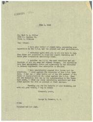 ["The document from Mr. Carl E. A. Miller expresses his opposition to the O.P.A. and its control over price structures. He believes that controls should be removed from products that can be produced quickly, but kept on items such as rents and sugar. Congressman George B. Schwabe agrees with Miller's views and has consistently voted against the O.P.A., considering it to be destructive to free enterprise in America. Schwabe thanks Miller for his input and support."]