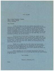 ["Mrs. Louise Trezzvant Thomson wrote a letter to Congressman George B. Schwabe expressing her disapproval of legislation involving further price controls. Congressman Schwabe thanked her for her communication and mentioned that many others share her views. He also praised her clear and original statement, and assured her of his appreciation for her contribution to his thinking. Thomson also expressed her hope that people would not abuse the present freedom by raising prices excessively."]