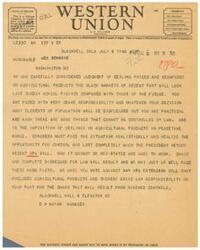 ["The document is a series of telegrams urging against the reimplementation of price controls on agricultural and grain products. The senders argue that doing so will lead to chaos, black markets, and higher prices. They urge the recipient to vote against any extension of price controls and emphasize the negative consequences that will result from such actions."]