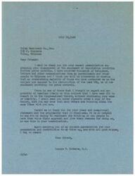 ["The document is a thank you letter from George B. Schwabe, a member of Congress, to Tulsa Machinery Co., Inc. for expressing their disapproval of legislation involving further price controls. Schwabe mentions that the majority of constituents are opposed to price controls and he has included their communication in the Congressional Record. He thanks the company for their clear statement and originality, and appreciates their contribution to his thinking."]