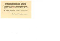 ["The United Farmers of America warns that any Congressman or Senator voting in favor of O.P.A. will be voted out of office in the fall election. They also oppose the presence of snoopers in America, stating that it goes against the constitution."]