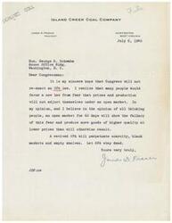 ["James D. Francis, President of Island Creek Coal Company, writes to Congressman George B. Schwabe expressing his opposition to the re-enactment of an OPA law. He believes that an open market for 60 days will show that prices and production can adjust themselves without government intervention, and that a revived OPA will only perpetuate scarcity, black markets, and empty shelves. He urges Congress to let OPA stay dead."]