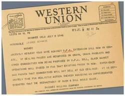 ["A urgent telegram is sent to George Schwabe in Washington D.C., requesting his vote against the O.P.A. extension bill. The sender argues that re-imposing ceiling prices on commodities will lead to black market operations and urges for realistic action to avoid disaster. The Shawnee Milling Company seeks input from patrons on their service."]