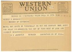 ["The document includes a telegram from George B. Schwabe to H. D. Johnston requesting authorization to quote a letter in the Congressional Record. Johnston's letter expresses opposition to the return of dairy products to O.P.A. control and provides reasons for this stance. Schwabe agrees to follow Johnston's suggestion and requests permission to use the letter in full. The document also includes information on different classes of service for telegrams and cables."]