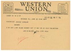 ["The document is discussing different classes of service for telegrams and cables, including day letters, night letters, deferred cables, and cable night letters. It also mentions the filing and receipt times for telegrams and day letters. The message in the telegram is from Joe W Walser in Oklahoma City to Honorable George Schwabe in Washington DC, expressing a dislike for the black market."]