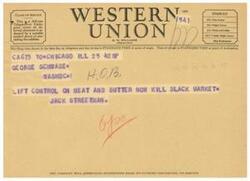 ["This text is a telegram with information about different classes of service, symbols used, and the standard time for filing and receipt of telegrams. The telegram also includes a message about lifting control on meat and butter to combat the black market. The company welcomes feedback from its customers."]