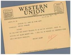["The document is a telegram from A.N. Williams, President of the company, urging Honorable George Schwabe to remove controls on meat and dairy products due to a black market causing honest grocers to go out of business. The company also requests suggestions from patrons regarding its service."]
