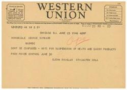 ["The document provides information about different classes of service for telegrams and cables, including full-rate, day letter, night letter, deferred cable, and deferred character symbols. It also mentions the filing and receipt times for telegrams and day letters. A message is sent to George Schwabe urging him to vote for the suspension of meats and dairy products from price control by June 30."]