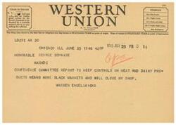 ["The document provides information about different classes of service for Western Union telegrams, including symbols for full-rate, day letter, night letter, deferred cable, and cable night letter. It also includes the standard time for filing and receipt of telegrams and day letters. The telegram itself is a message to E. George Schwabe about concerns regarding keeping controls on meat and dairy products leading to more black markets and potentially closing a shop."]
