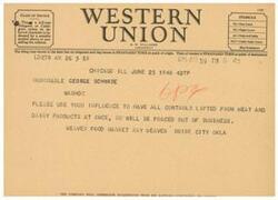 ["The document includes information about different classes of service for telegrams, symbols indicating deferred character, and the standard time for filing and receipt of telegrams. A message from Weaver Food Market in Boise City, Oklahoma, is asking for controls to be lifted from meat and dairy products or they will be forced out of business. They request the recipient's influence in this matter."]