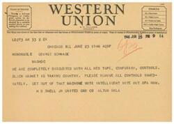 ["The document is a telegram expressing frustration with red tape, confusion, and controls in the country, with a request to remove all controls immediately. The sender urges the recipient to vote intelligently and vote out the OPA (Office of Price Administration) now."]