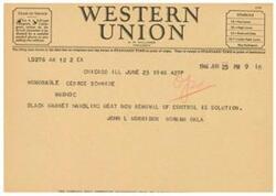 ["The document is a telegram sent from A.N. Williams, the President of a company, to Honorable George Schwabe in Washington, D.C. The telegram discusses the issue of black market handling of meat and suggests that removing control is the solution."]