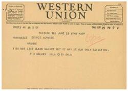 ["This text is a telegram sent from A.N. Williams, the President of a company, to George Schwabe in Washington D.C. The message mentions a dislike for the black market but acknowledges it may be necessary for survival."]