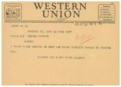 ["The document is a telegram from A. N. Williams, the president of a company, to George Schwabe suggesting that price control on meat and dairy products be removed. The telegram also mentions that the company welcomes suggestions from its patrons regarding its service."]