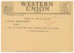 ["This text provides information on different classes of service for telegrams and cables, including Day Letters, Night Letters, and Deferred Cable services. It also includes instructions on how to indicate the type of service needed. The document also includes a ship radiogram and a message urging the release of meat and dairy products from price control."]