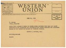 ["The document is a telegram sent on June 29, 1946, from W. Dillon in Tulsa, Oklahoma, to A.N. Williams in Chicago. The telegram mentions voting to remove price controls from meat and dairy products as requested but being defeated by administration forces. It also reminds Williams not to forget about a contest at Tuesday's primary."]