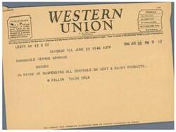["The document is about Western Union symbols and the different classes of service they offer for telegrams and cables. It also mentions the filing time and the time of receipt for messages. The telegram itself is a request to suspend controls on meat and dairy products. The sender requests suggestions from patrons regarding the company's service."]